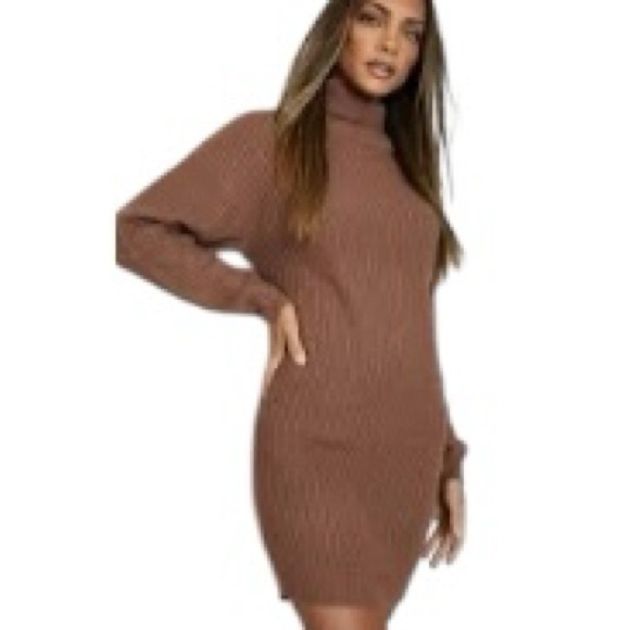 NWT! ChouYatou Elegant Brown Turtleneck Sweater Dress Size Small - Picture 1 of 5